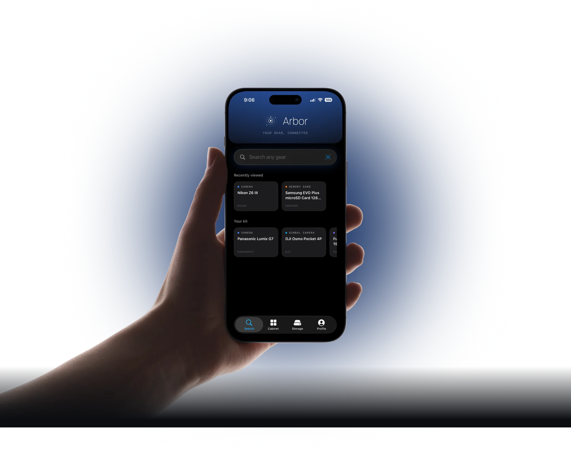 Arbor on iPhone — a hand holding the app's home screen